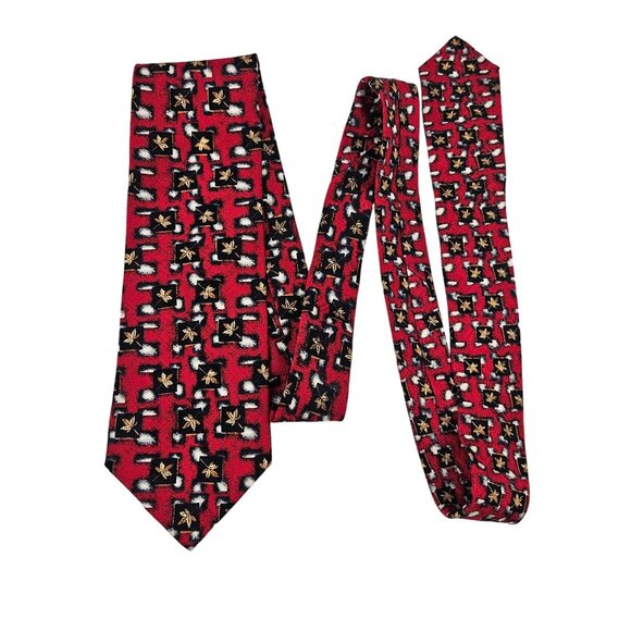 Nordstrom Silk Tie By J Z Richards Red Navy Gold Leaf Pattern Hand Crafted - Picture 2 of 7